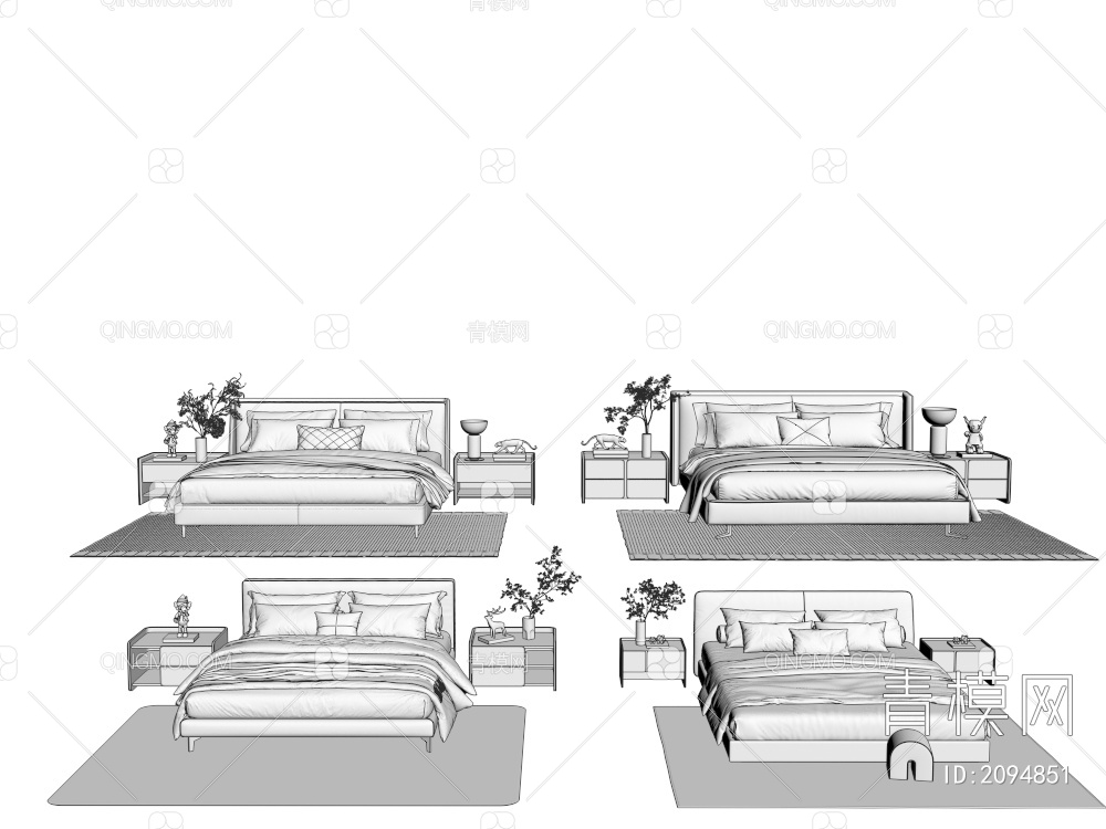 双人床 床头柜3D模型下载【ID:2094851】