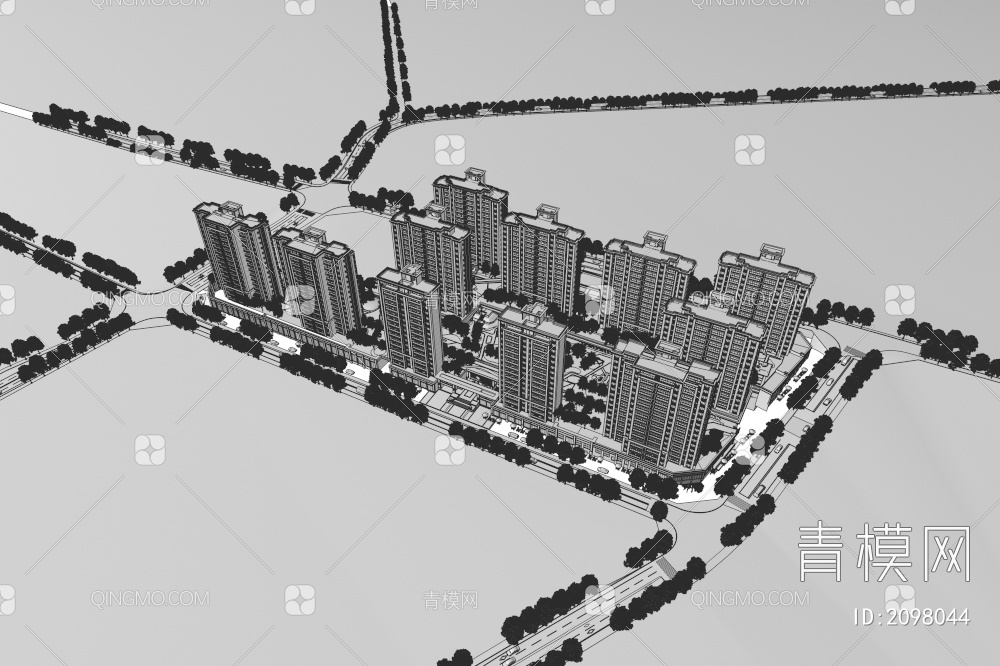 高层住宅鸟瞰图3D模型下载【ID:2098044】