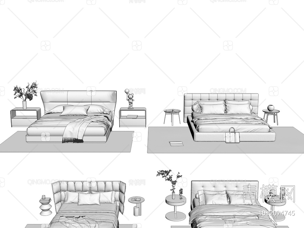 双人床 床头柜3D模型下载【ID:2094745】