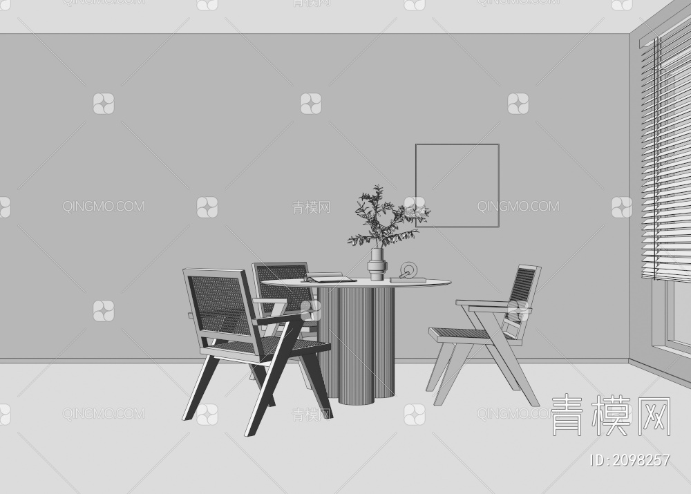 圆形实木餐桌 藤编餐椅3D模型下载【ID:2098257】