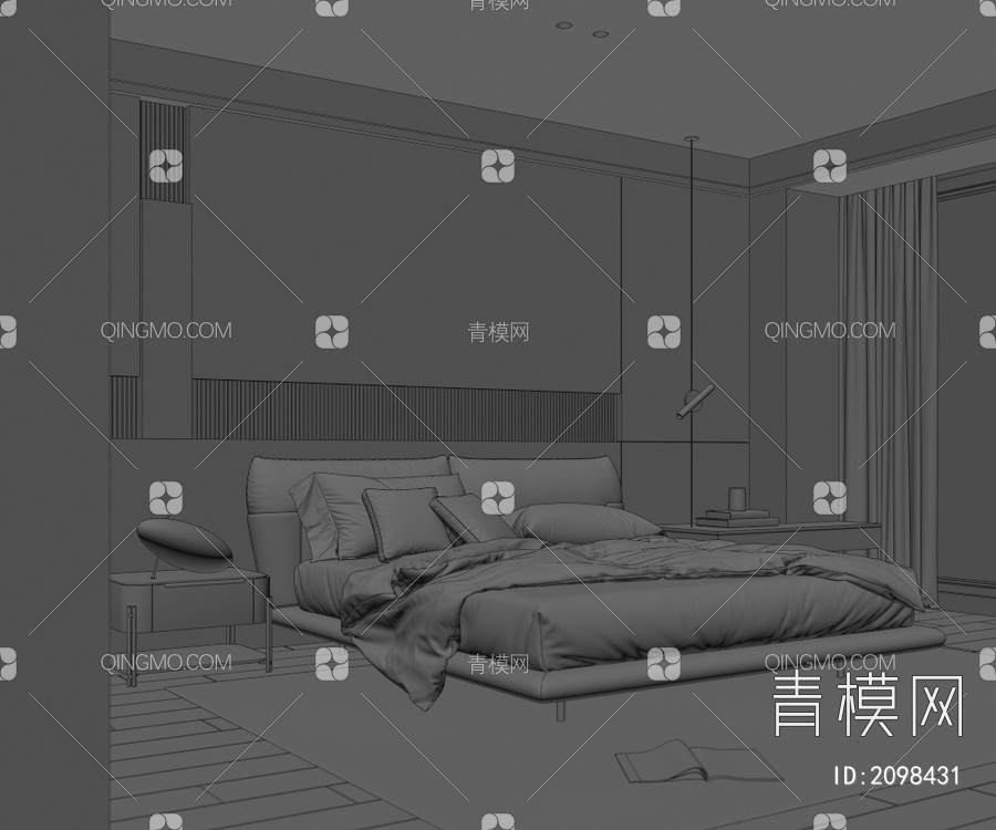 卧室 极简 黑白风 双人床 主卧 次卧3D模型下载【ID:2098431】