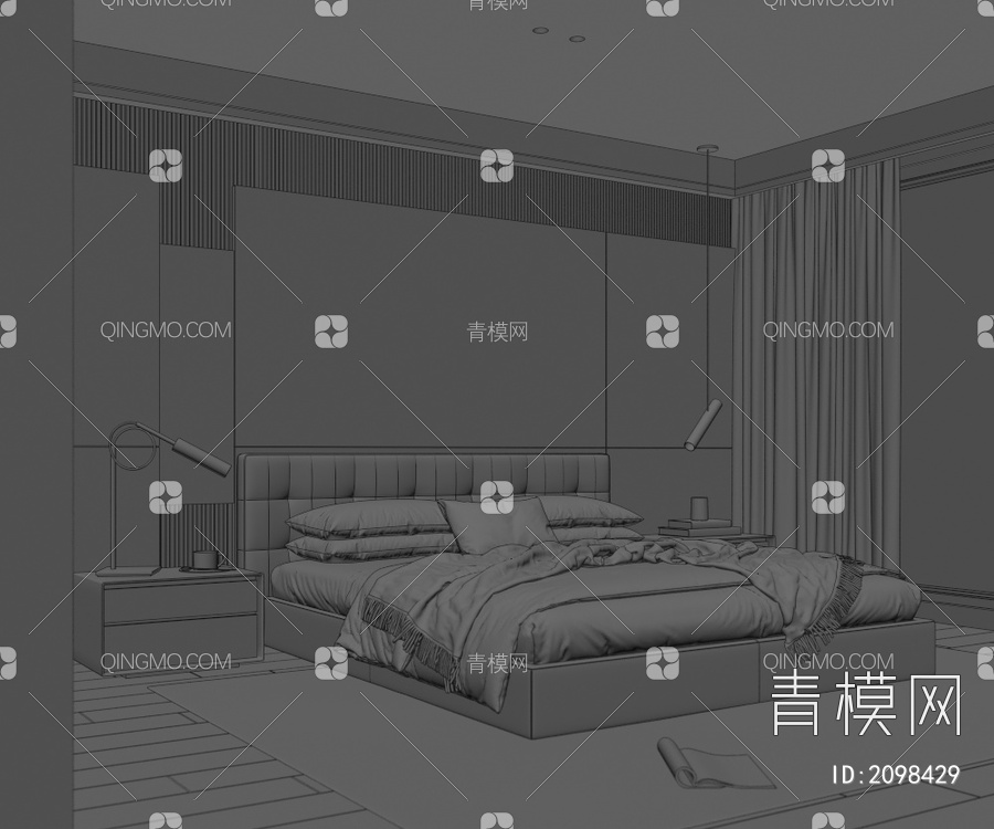 卧室 极简 黑白风 双人床 主卧 次卧3D模型下载【ID:2098429】