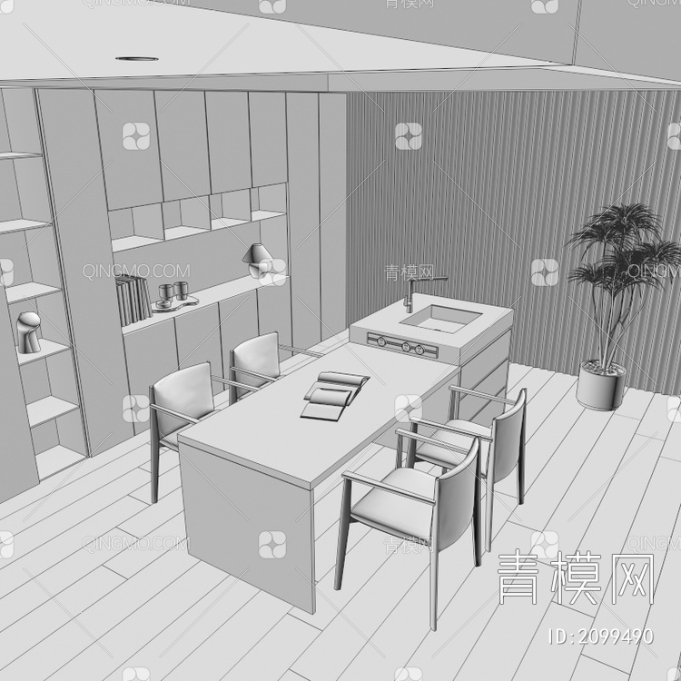 餐桌椅 岛台 餐厅 酒柜 极简餐厅 吊灯 餐厅吧台3D模型下载【ID:2099490】