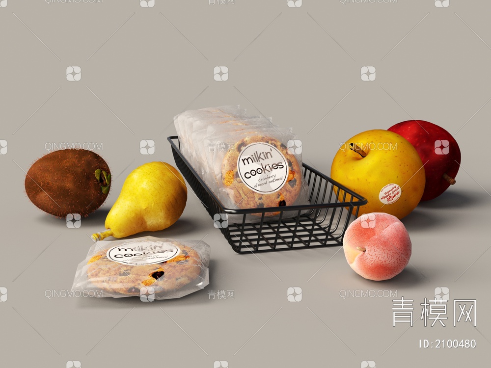 曲奇饼干 苹果 水蜜桃 猕猴桃 鸭梨 水果3D模型下载【ID:2100480】