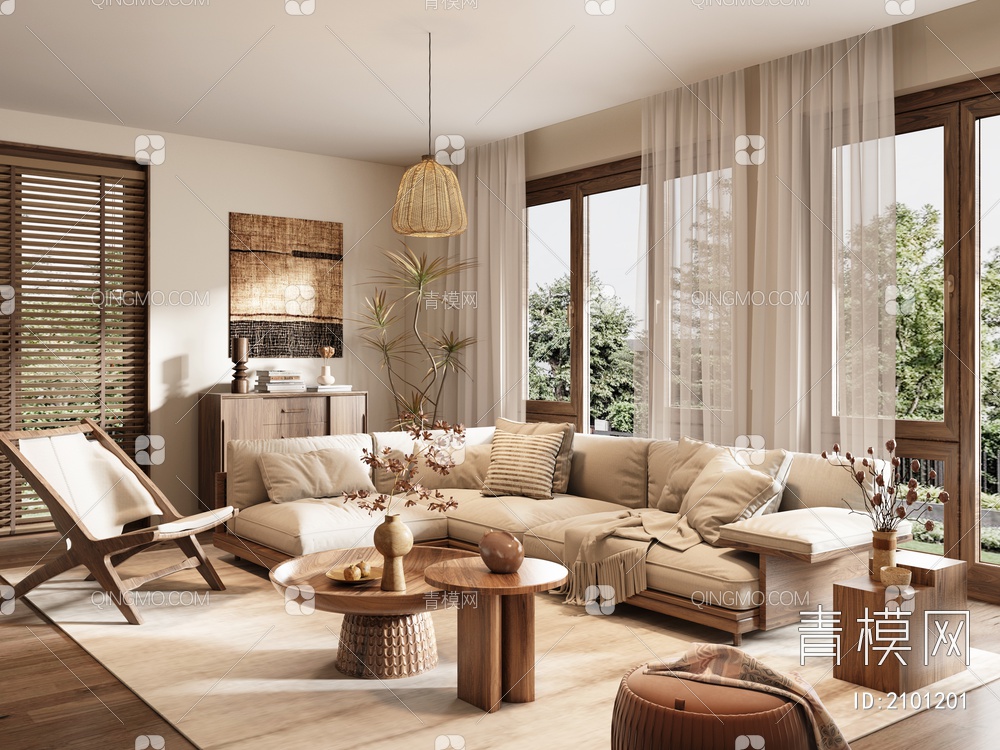 客厅 大平层 别墅客厅 沙发茶几组合 木沙发 三人沙发 休闲椅3D模型下载【ID:2101201】