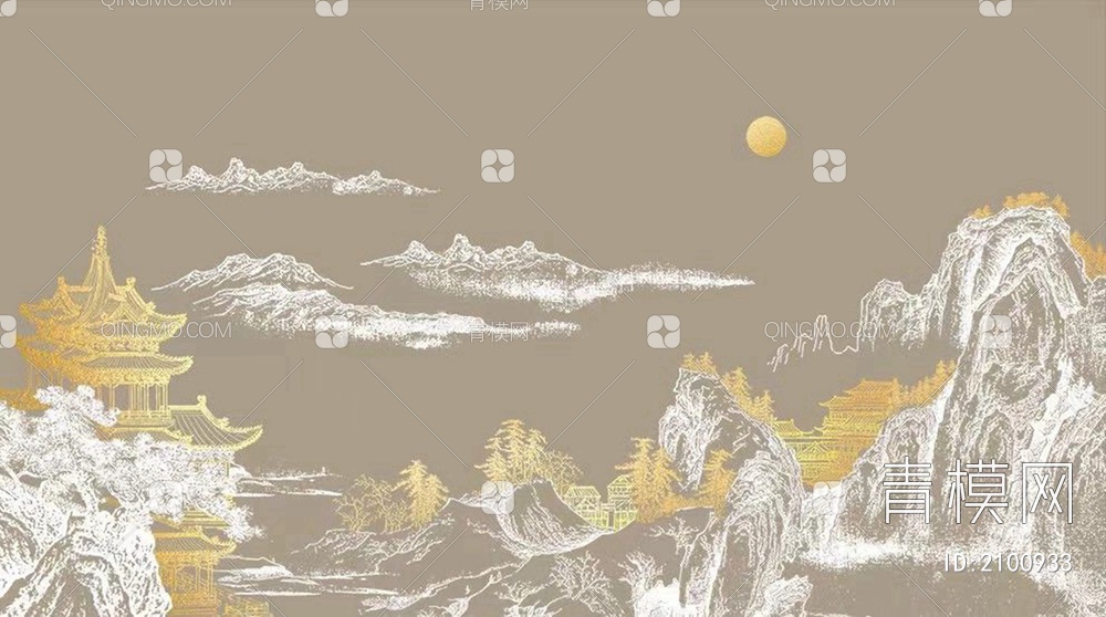新中式山脉背景壁纸壁布壁画屏风贴图下载【ID:2100933】