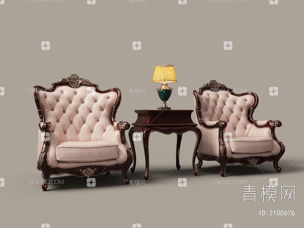 雕花单人沙发 茶几组合3D模型下载【ID:2100676】