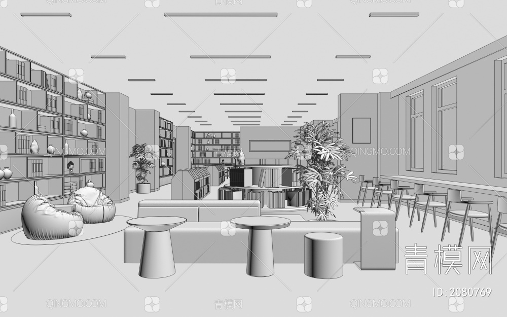 图书馆 书柜 服务台 阅读桌椅组合 沙发茶几组合3D模型下载【ID:2080769】
