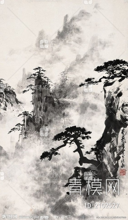 中式山水国画挂画壁纸壁画贴图下载【ID:2102527】