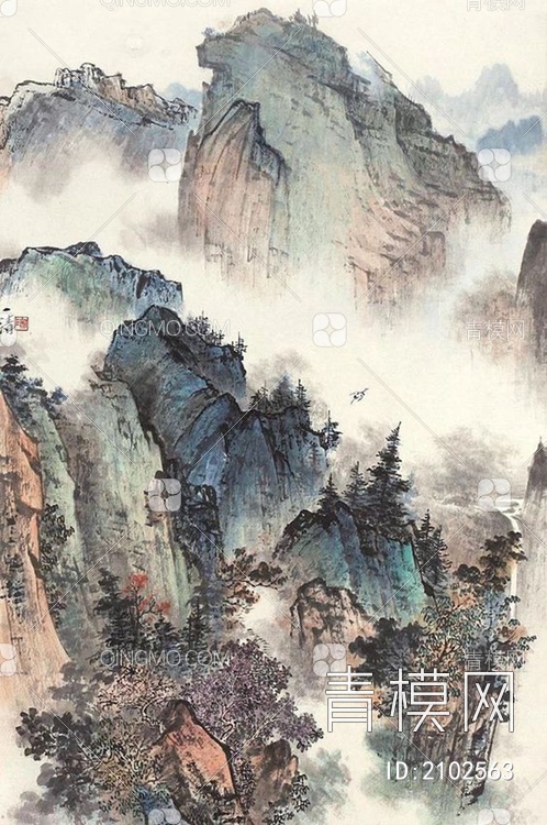 中式山水国画挂画壁纸壁画贴图下载【ID:2102563】
