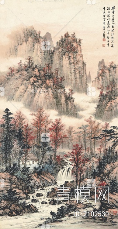 中式山水国画挂画壁纸壁画贴图下载【ID:2102530】