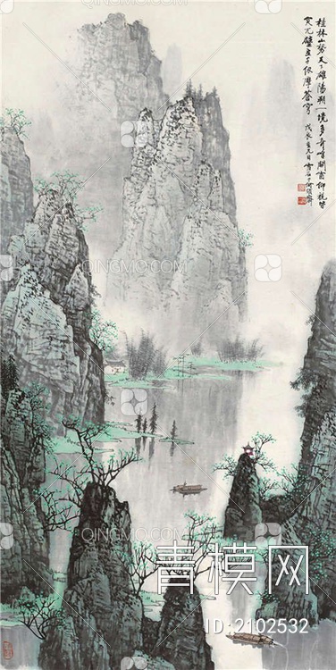 中式山水国画挂画壁纸壁画贴图下载【ID:2102532】