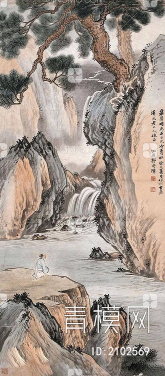 中式山水国画挂画壁纸壁画贴图下载【ID:2102569】