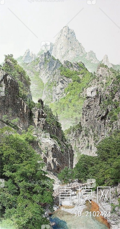 中式山水国画挂画壁纸壁画贴图下载【ID:2102494】