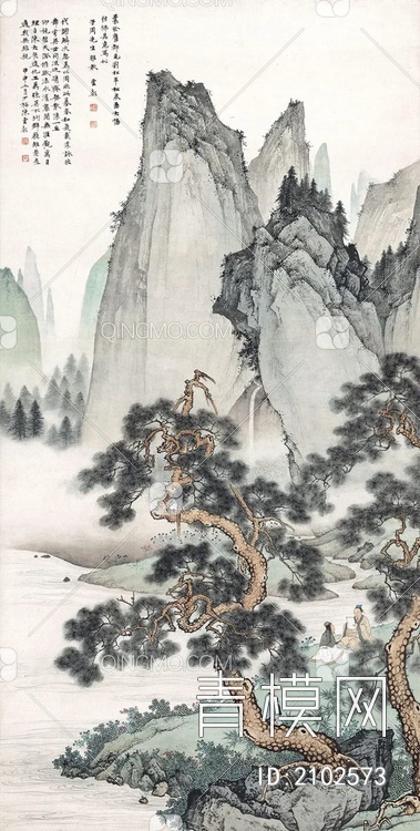中式山水国画挂画壁纸壁画贴图下载【ID:2102573】