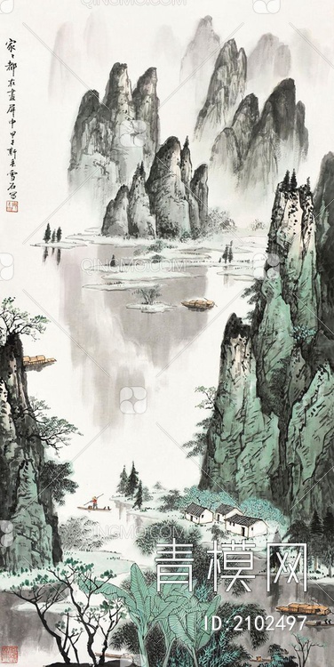 中式山水国画挂画壁纸壁画贴图下载【ID:2102497】