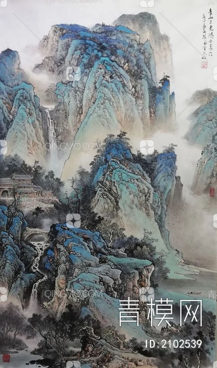 中式山水国画挂画壁纸壁画贴图下载【ID:2102539】