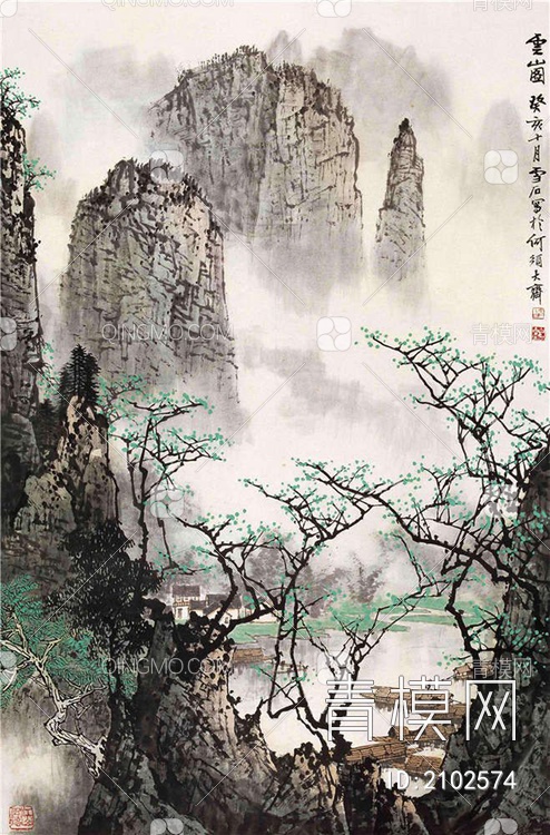 中式山水国画挂画壁纸壁画贴图下载【ID:2102574】