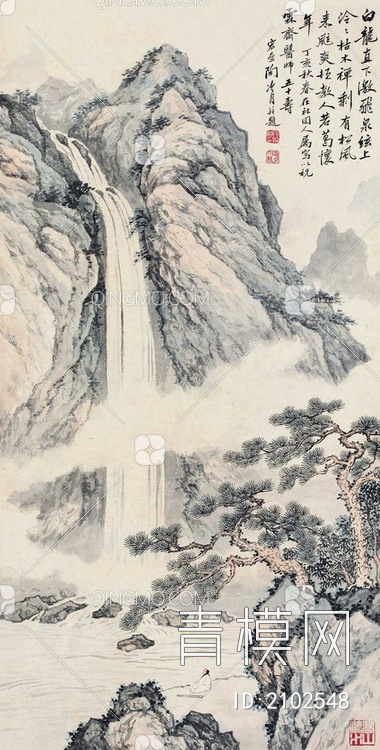 中式山水国画挂画壁纸壁画贴图下载【ID:2102548】