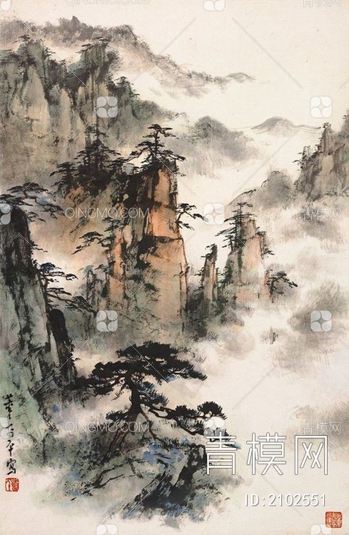中式山水国画挂画壁纸壁画贴图下载【ID:2102551】