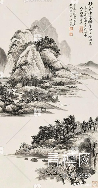 中式山水国画挂画新中式装饰画壁纸壁画 (贴图下载【ID:2102586】
