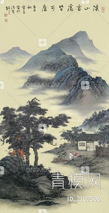 中式山水国画挂画壁纸壁画贴图下载【ID:2102506】