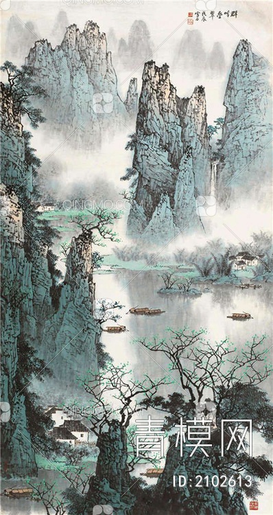 中式山水国画挂画新中式装饰画壁纸壁画 (22)贴图下载【ID:2102613】