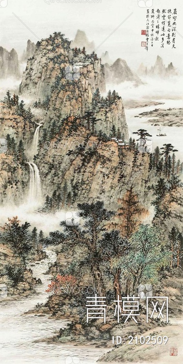 中式山水国画挂画壁纸壁画贴图下载【ID:2102509】