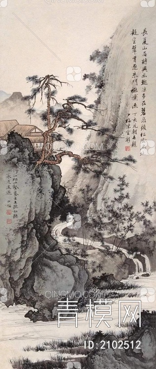 中式山水国画挂画壁纸壁画贴图下载【ID:2102512】