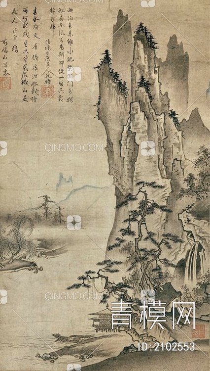 中式山水国画挂画壁纸壁画贴图下载【ID:2102553】