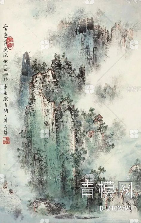 中式山水国画挂画新中式装饰画壁纸壁画 (贴图下载【ID:2102590】