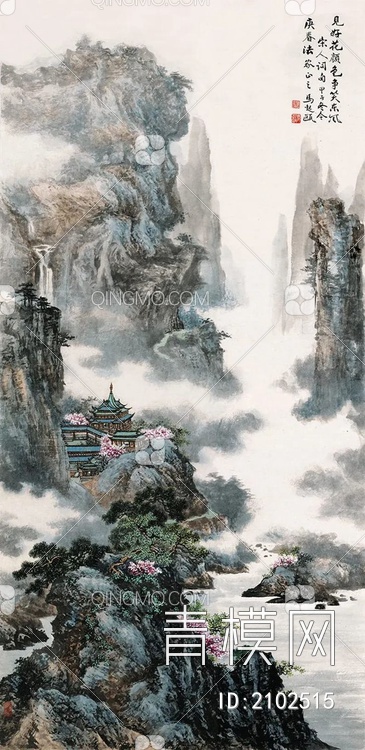 中式山水国画挂画壁纸壁画贴图下载【ID:2102515】