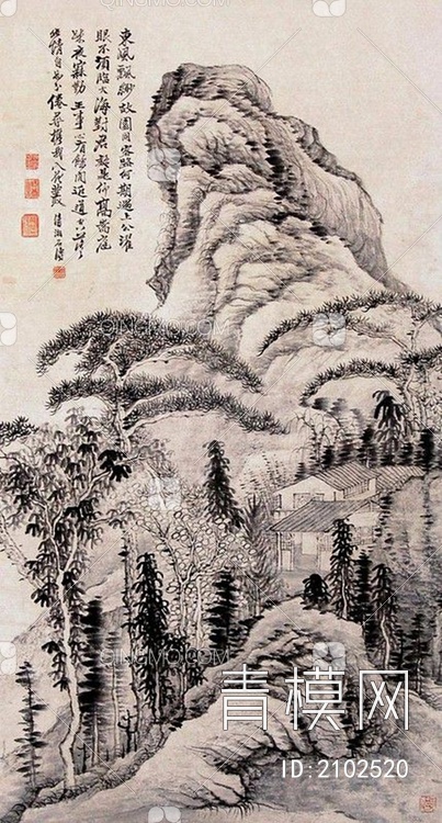 中式山水国画挂画壁纸壁画贴图下载【ID:2102520】