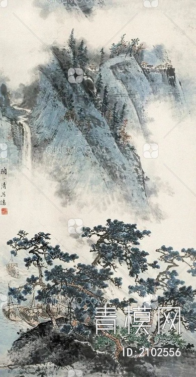 中式山水国画挂画壁纸壁画贴图下载【ID:2102556】