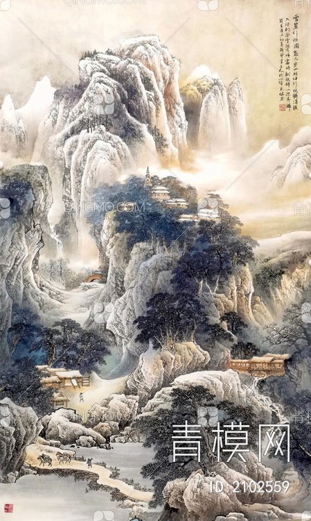 中式山水国画挂画壁纸壁画贴图下载【ID:2102559】