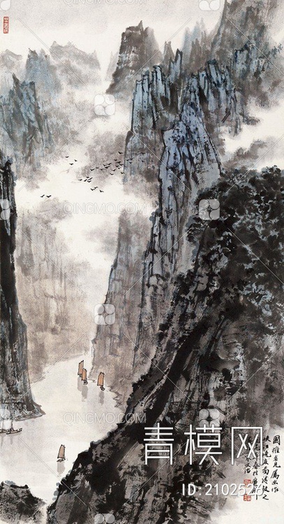 中式山水国画挂画壁纸壁画贴图下载【ID:2102526】