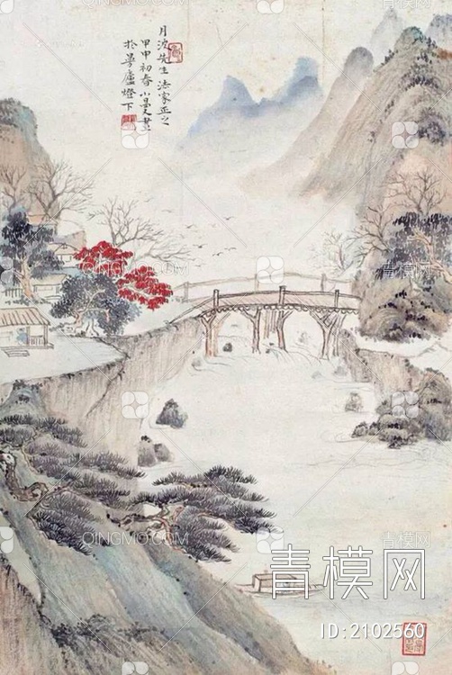 中式山水国画挂画壁纸壁画贴图下载【ID:2102560】