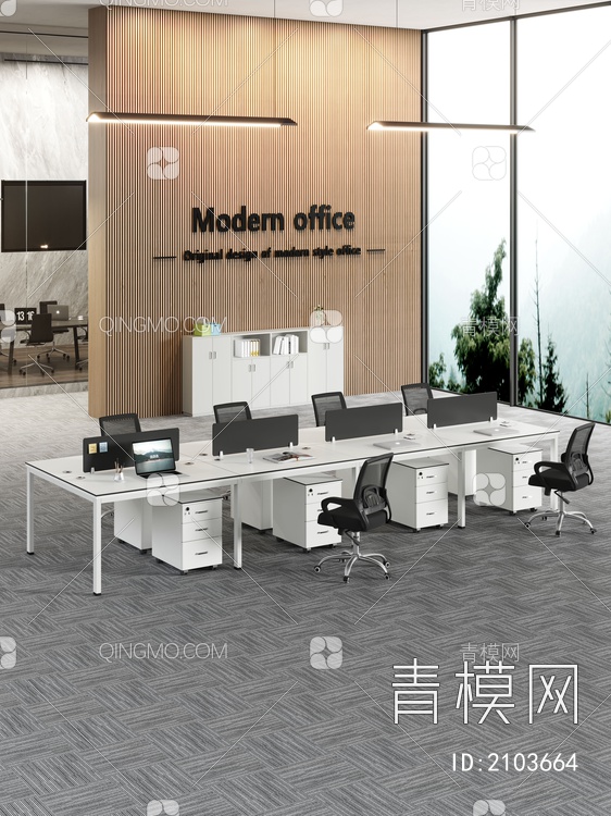 办公区 职员办公桌椅组合 6人位多人办公桌椅3D模型下载【ID:2103664】