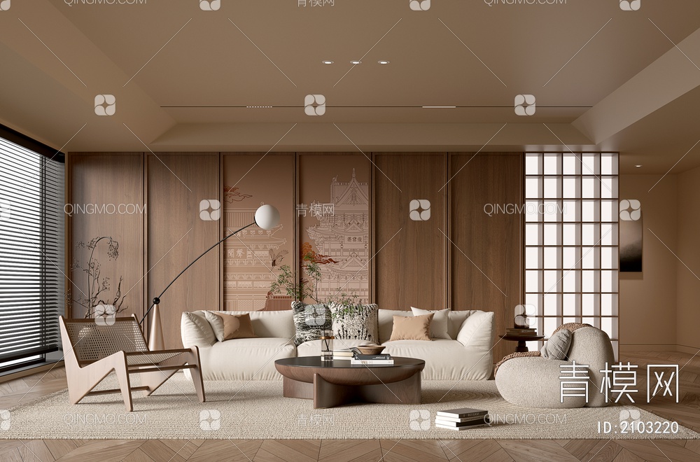 客厅 中古风客厅 沙发茶几组合 休闲沙发椅 饰品摆件 背景墙3D模型下载【ID:2103220】