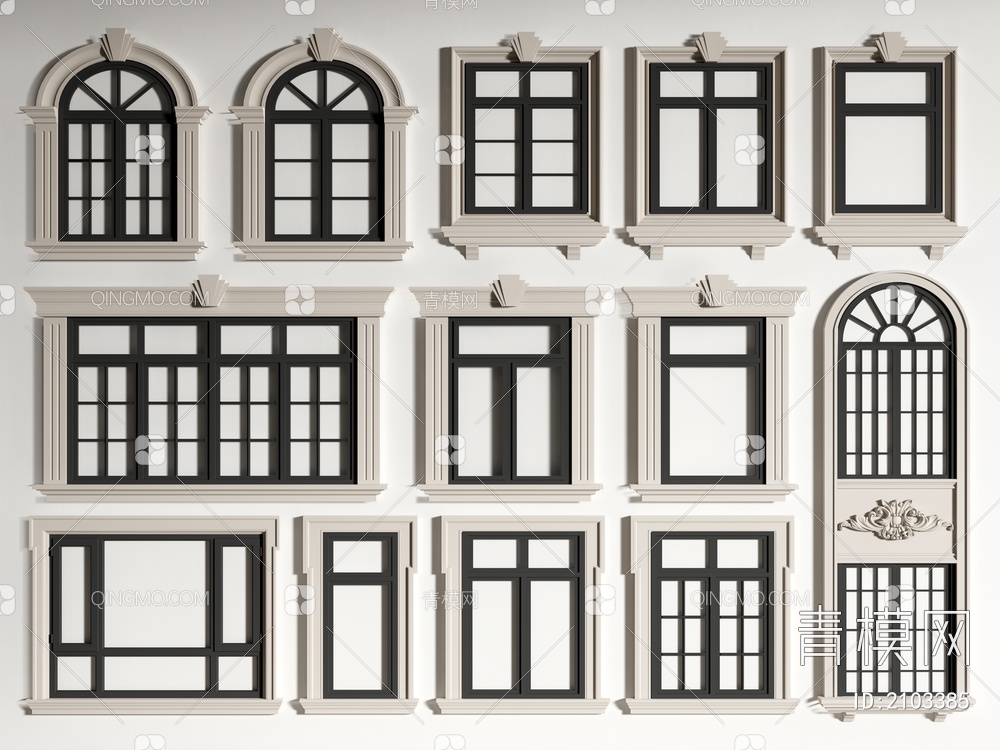 窗户组合 平开窗 拱形窗户 窗套线 落地窗3D模型下载【ID:2103385】