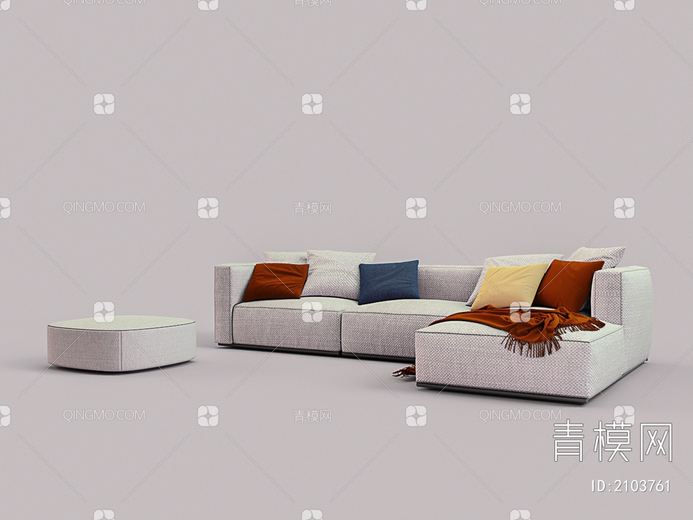 白色帆布多人L型沙发3D模型下载【ID:2103761】