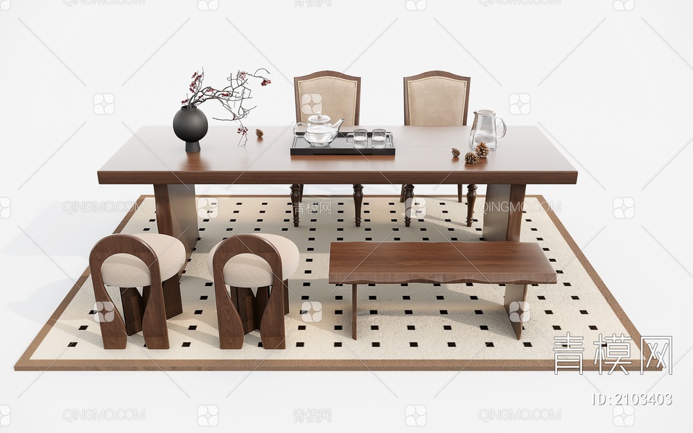 茶桌椅 餐椅 长板凳3D模型下载【ID:2103403】