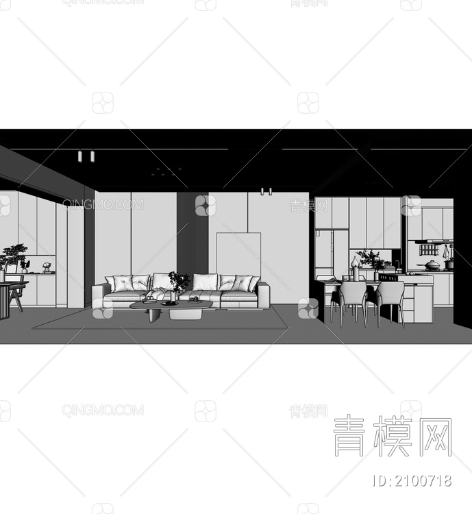 客餐厅 电视背景墙 客餐厅 厨房3D模型下载【ID:2100718】