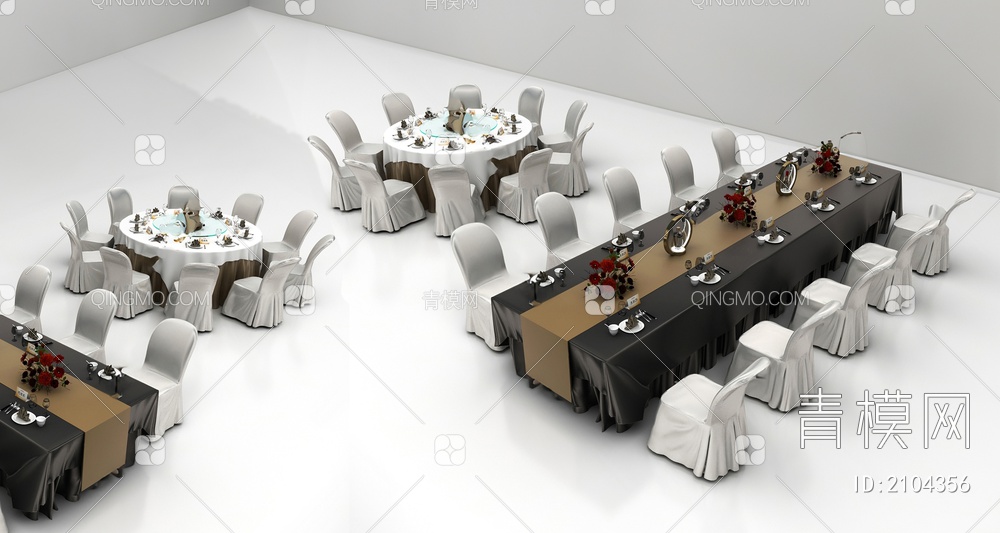 宴会桌 餐桌椅组合 会议餐桌布置摆件 西餐长桌3D模型下载【ID:2104356】