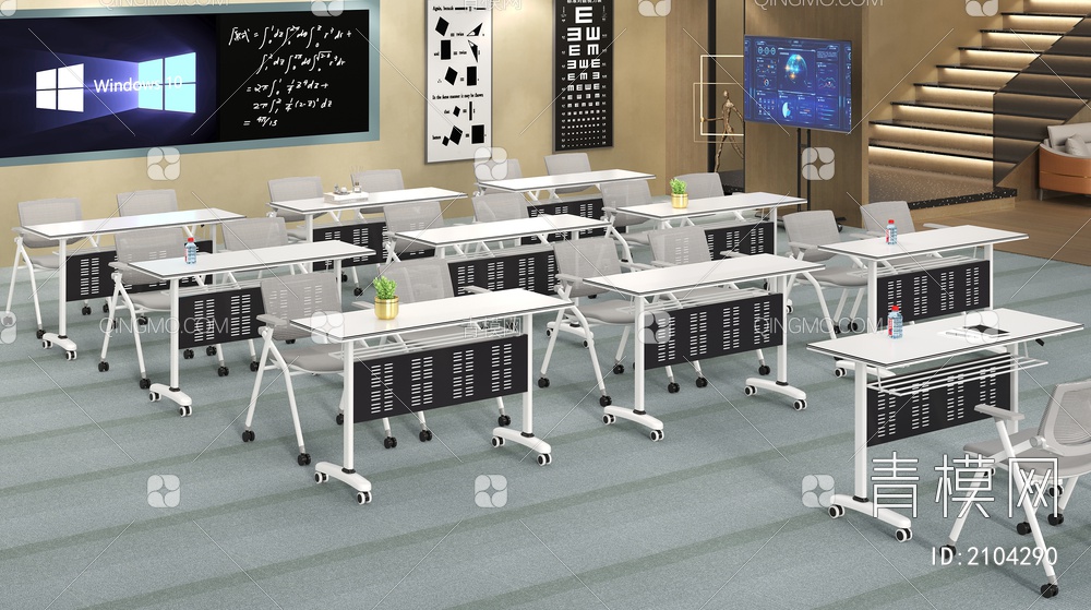 会议室 培训室 办公桌椅 培训桌地毯讲台外景黑板盆栽3D模型下载【ID:2104290】