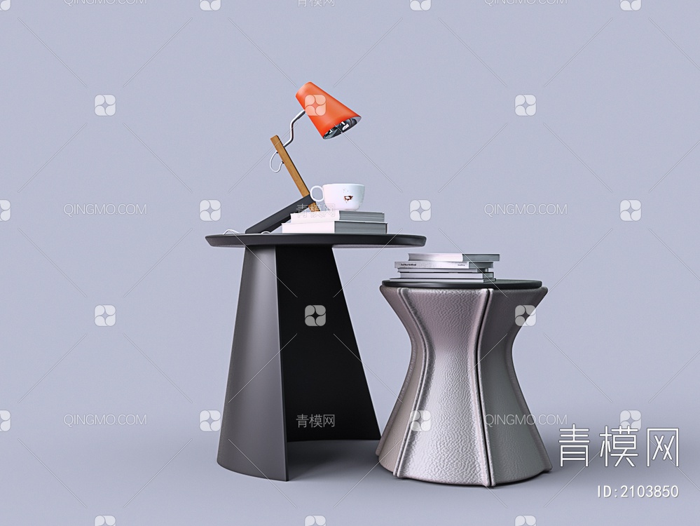 皮革边几 台灯 书籍 咖啡杯3D模型下载【ID:2103850】