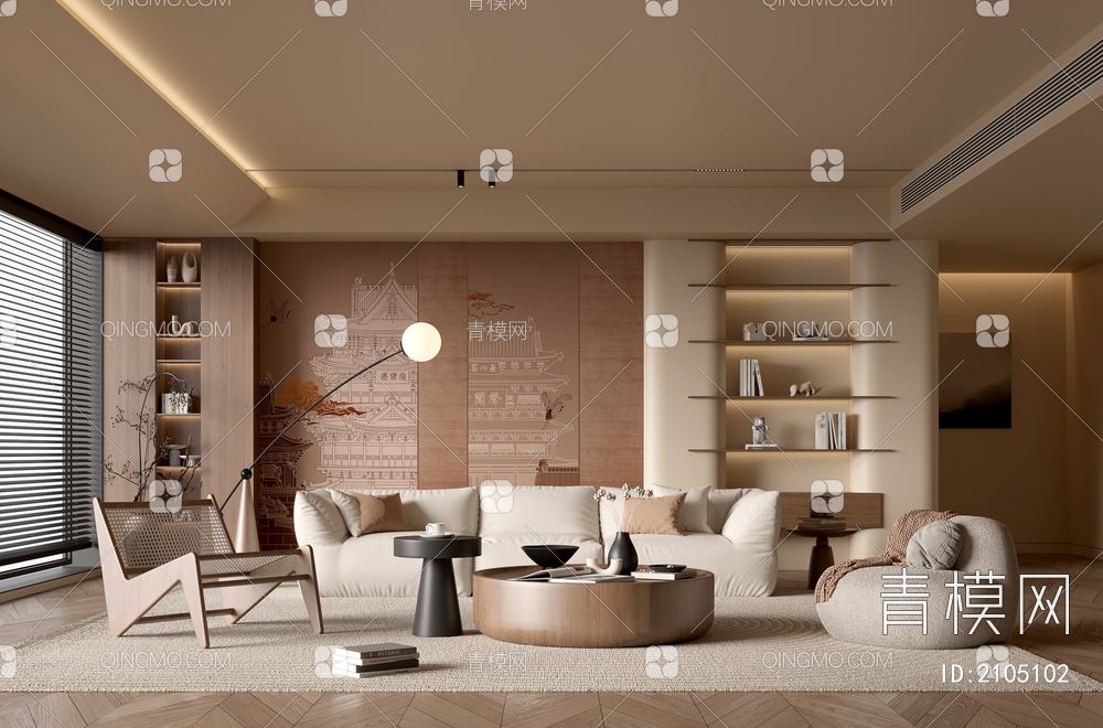 客厅 沙发茶几组合 休闲沙发椅 饰品摆件 背景墙3D模型下载【ID:2105102】