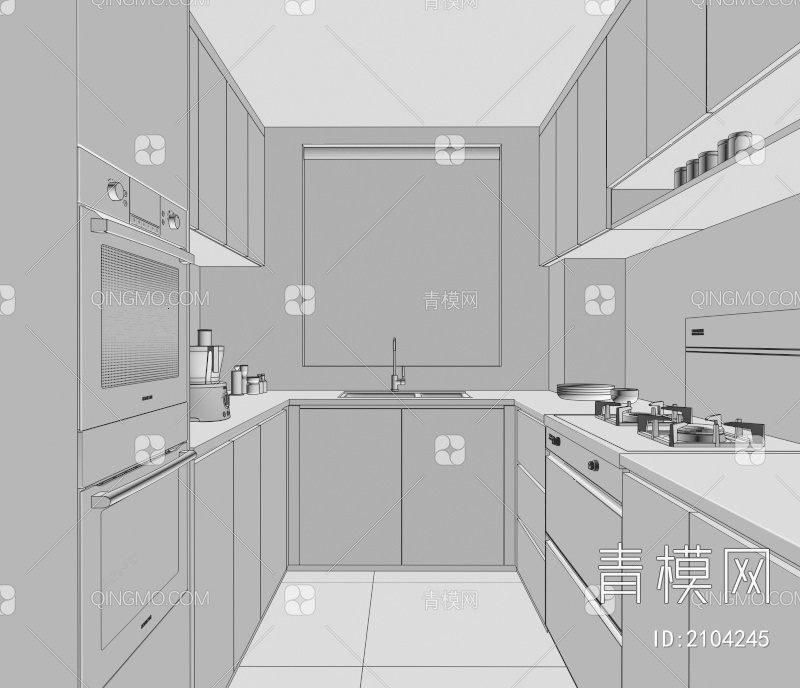 厨房 橱柜 集成灶 烤箱 蒸箱 水槽 奶油风厨房 冰箱3D模型下载【ID:2104245】