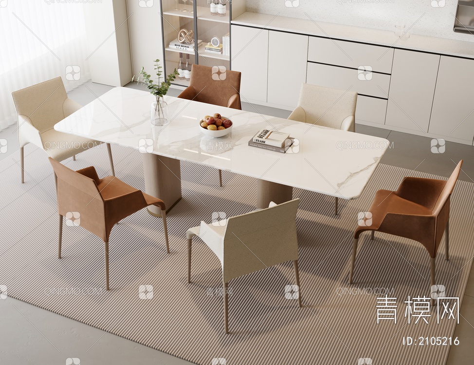 奶油风餐桌椅组合SU模型下载【ID:2105216】