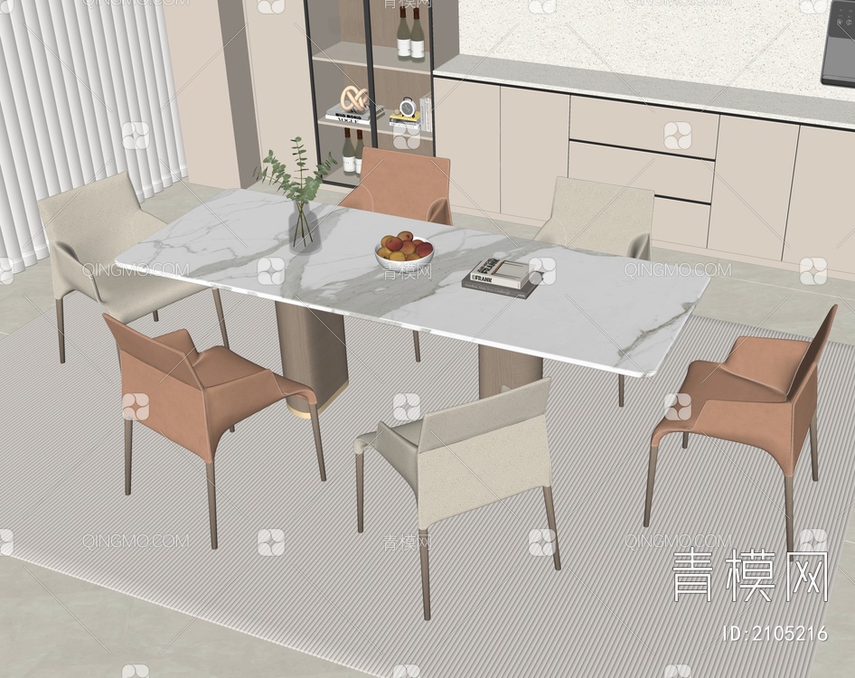 奶油风餐桌椅组合SU模型下载【ID:2105216】